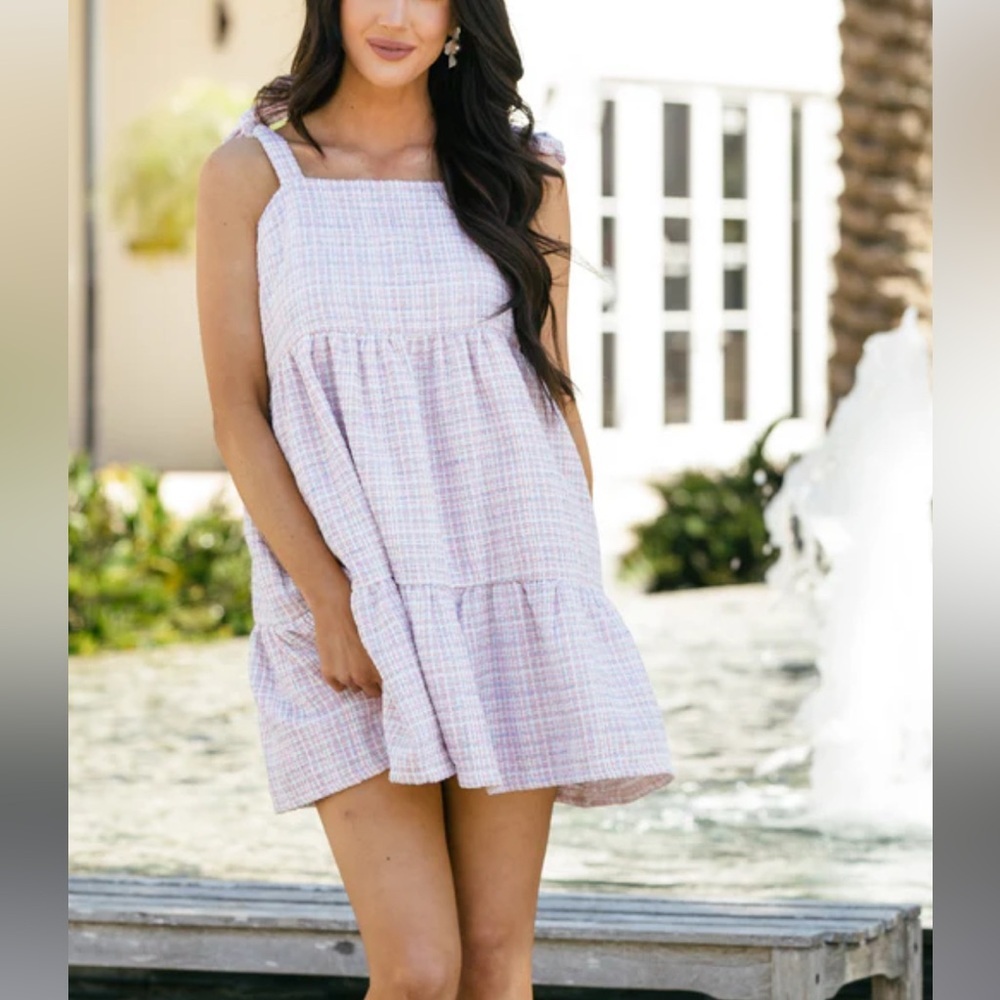 &Merci Pink Gingham Tweed Babydoll Dress with Tie Tank Straps Pocket‎ Women’s L